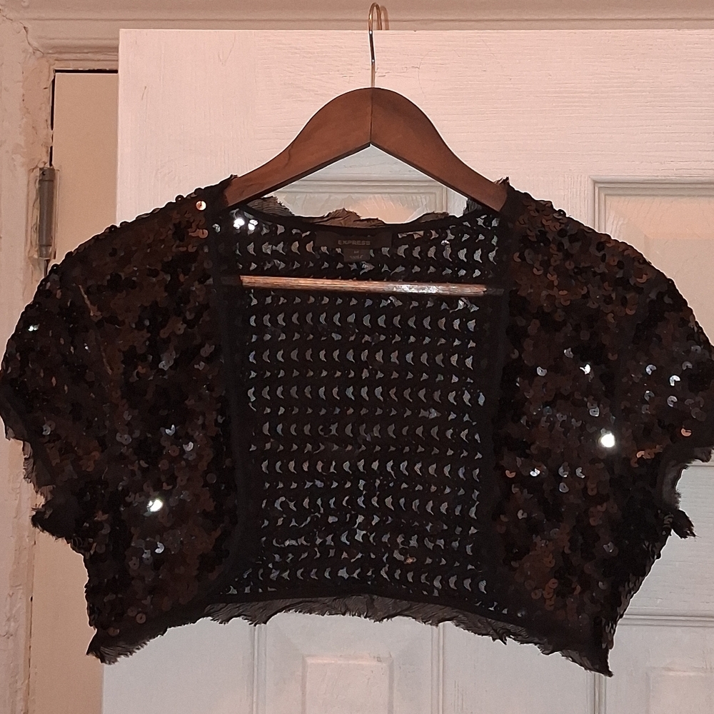 Express Black Sequins Lace Cropped Cardigan